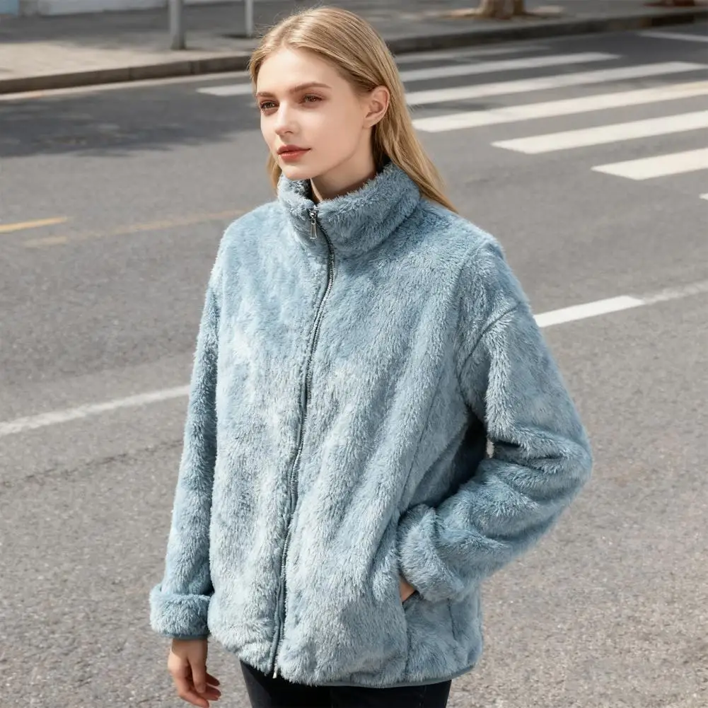 Comfortable Winter Sweatshirt Women’s Fuzzy Fleece Jacket with Pockets Long Sleeve Sherpa Coat Soft Stand Collar Zip for Fall