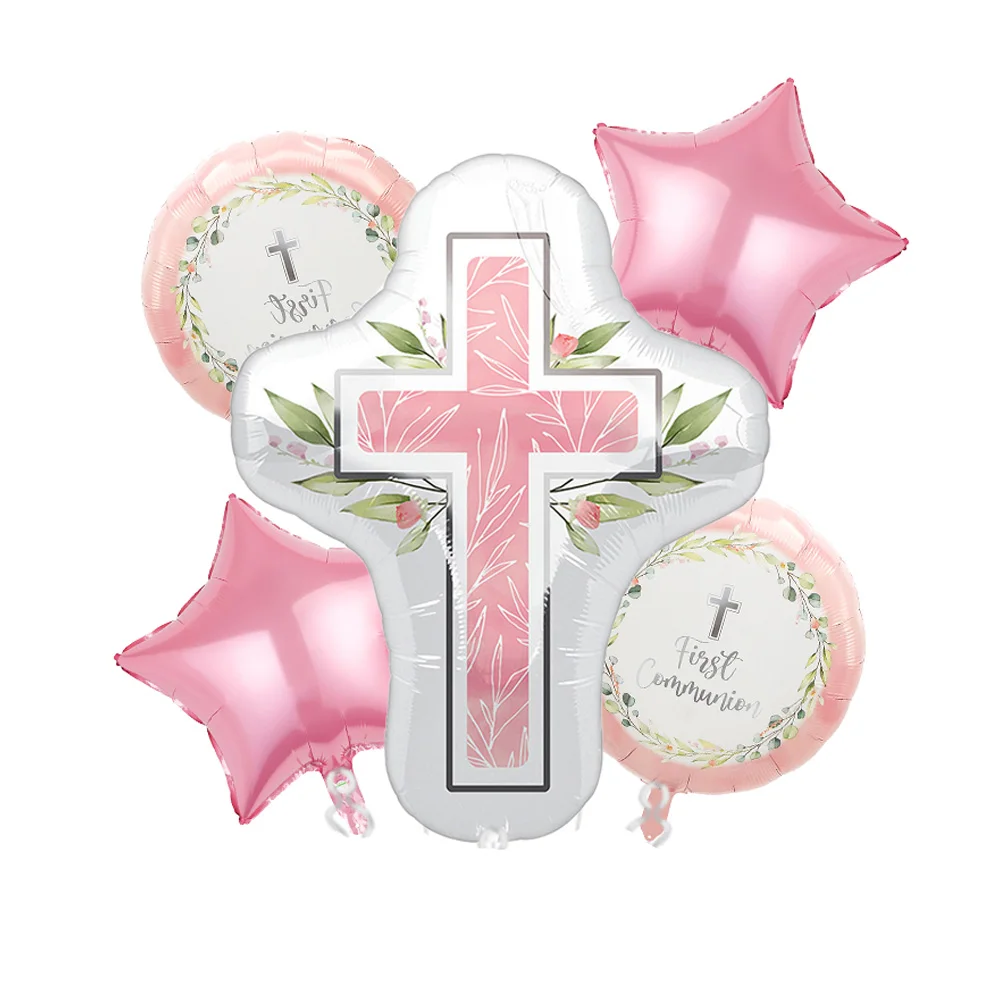 5-delige communie- en doopballonnenset, aluminiumfolie ballonnen voor de eerste communie, kruisdoopfeestballonnen, geschikt voor eerste communie- en doopfeesten, God Bless doopherdenkingsdecoraties en
