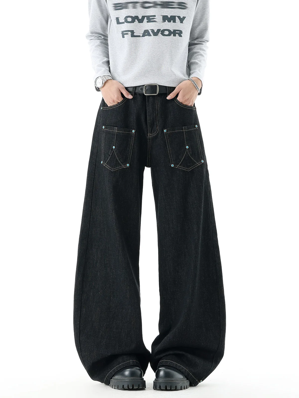 

American Design Pocket Denim Jeans for Men Spring Autumn Loose Versatile Youth Wide Leg Knife Pants Casual Straight Cut