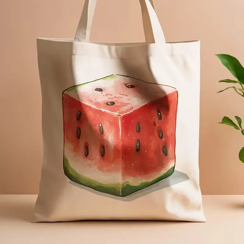 Cube Watermelon Canvas Tote Bag Cute Square Watermelon Fruit Print Shoulder Handbag Reusable Bag for Women Shopping