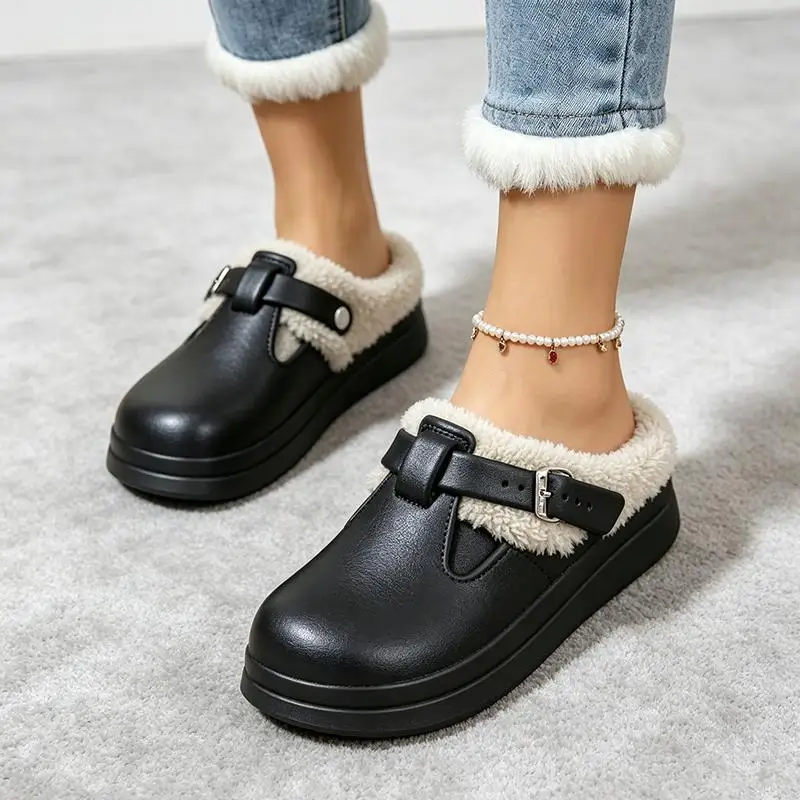 Lässige Plüsch-Hausschuhe mit Metallschnalle für Damen, Winter 2026, weiche, dicke Sohle, wasserdichte EVA-Hausschuhe, pelzige Clogs für Damen – Detail 17