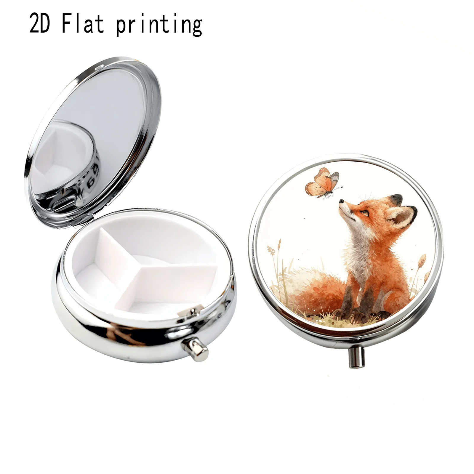 Cute Red Fox and Butterfly Meadow Healing Watercolor Pattern, Round Three-Compartment Small Pill Box, Portable Medicine Storage, Small Jewelry Organizer, Suitable for Handbags or Travel, Holiday Gifts, Souvenirs, Prizes, Small Gifts, for Personal Use or as an Exquisite Gift