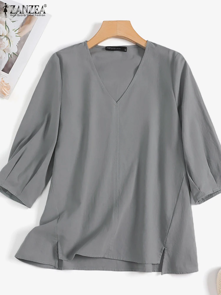 ZANZEA 2023 Women Blouse V Neck 3/4 Sleeve Spring Summer Tops Casual Elegant Cotton Shirt Work Female Blusas Chemise Tunic #5