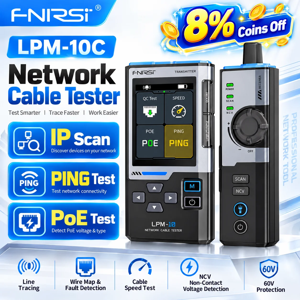 FNIRSI LPM-10C/LPM-10A  LAN Ethernet Cable Tester Toner Wire Tracker IP Scan PING PoE Tester RJ45 Wiremap Length 1Gbps NCV