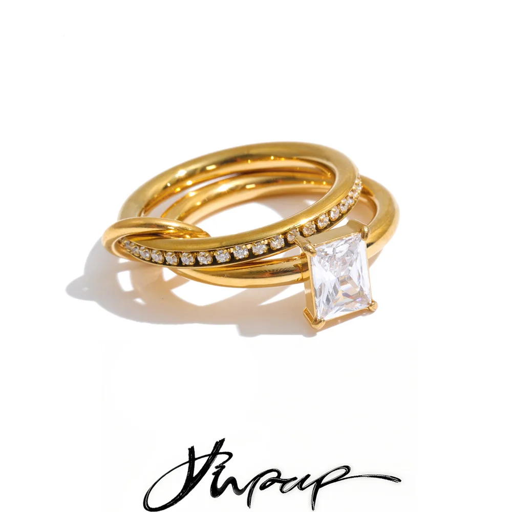 Yhpup Size 678 Stainless Steel Double-Layer Zircon Square Ring for Women Arrivals Delicate Stackable Finger Jewelry