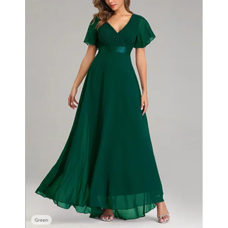 Vestido largo de gasa con cuello en V para mujer, prenda plisada de manga corta, informal, talla grande, de boda para invitados, verano, 2024