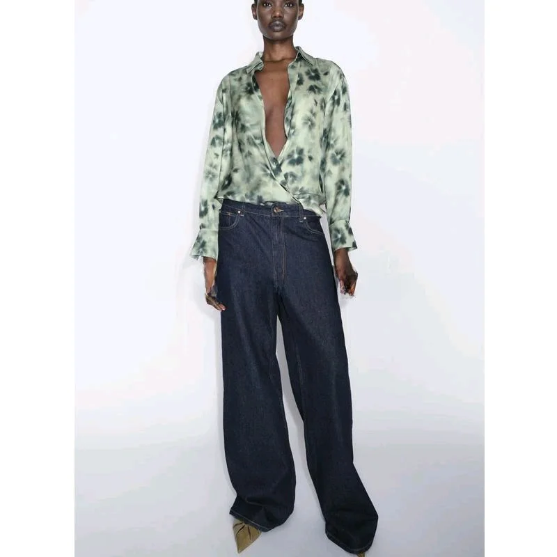 

Spring New Women's Printed Silk Satin Long Sve Collared Casual irt Loose Fit Regular Sve Length Warmth Polyester Fiber