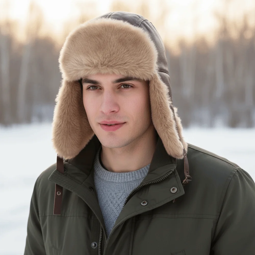 

Fashion Pu Leather Winter Pilot Hat Beanie Caps Windproof Cycling Lei Feng Hat Velvet Neck Protector Warm Ski Hat Winter