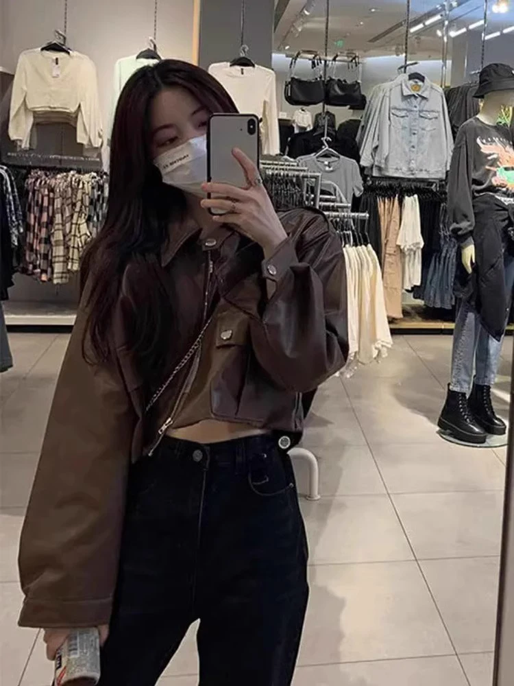 Retro bruin PU-leer Jaet dames lente herfst slim fit casual jas Sli kleine maat Fem bovenkleding
