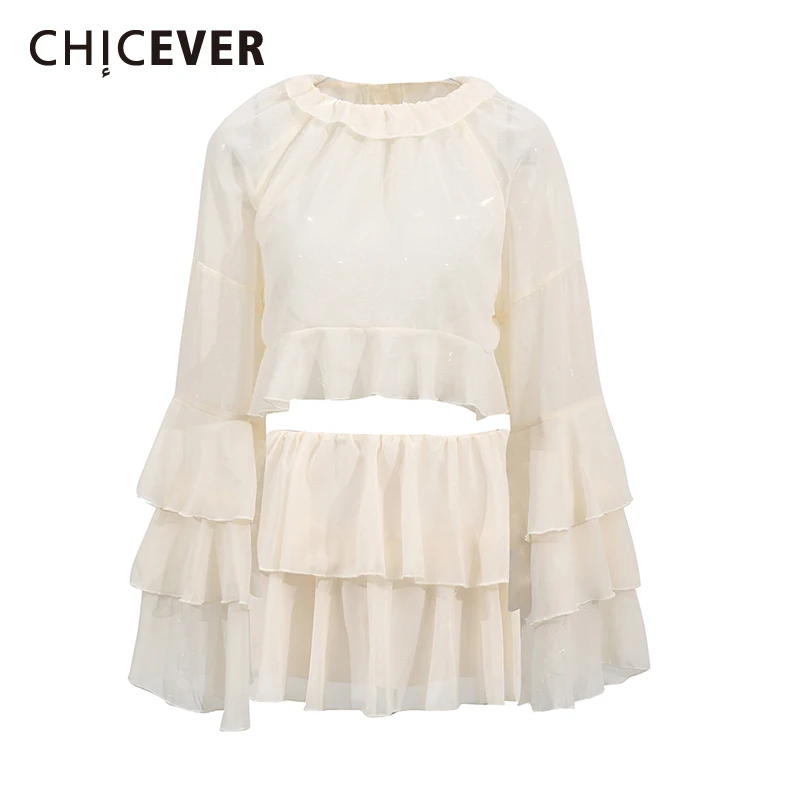 

CHICEVER однотонные комплекты из двух предметов для женщин, топ с круглым вырезом и длинными рукавами, с низкой талией, модная юбка с оборками, женский новый наряд