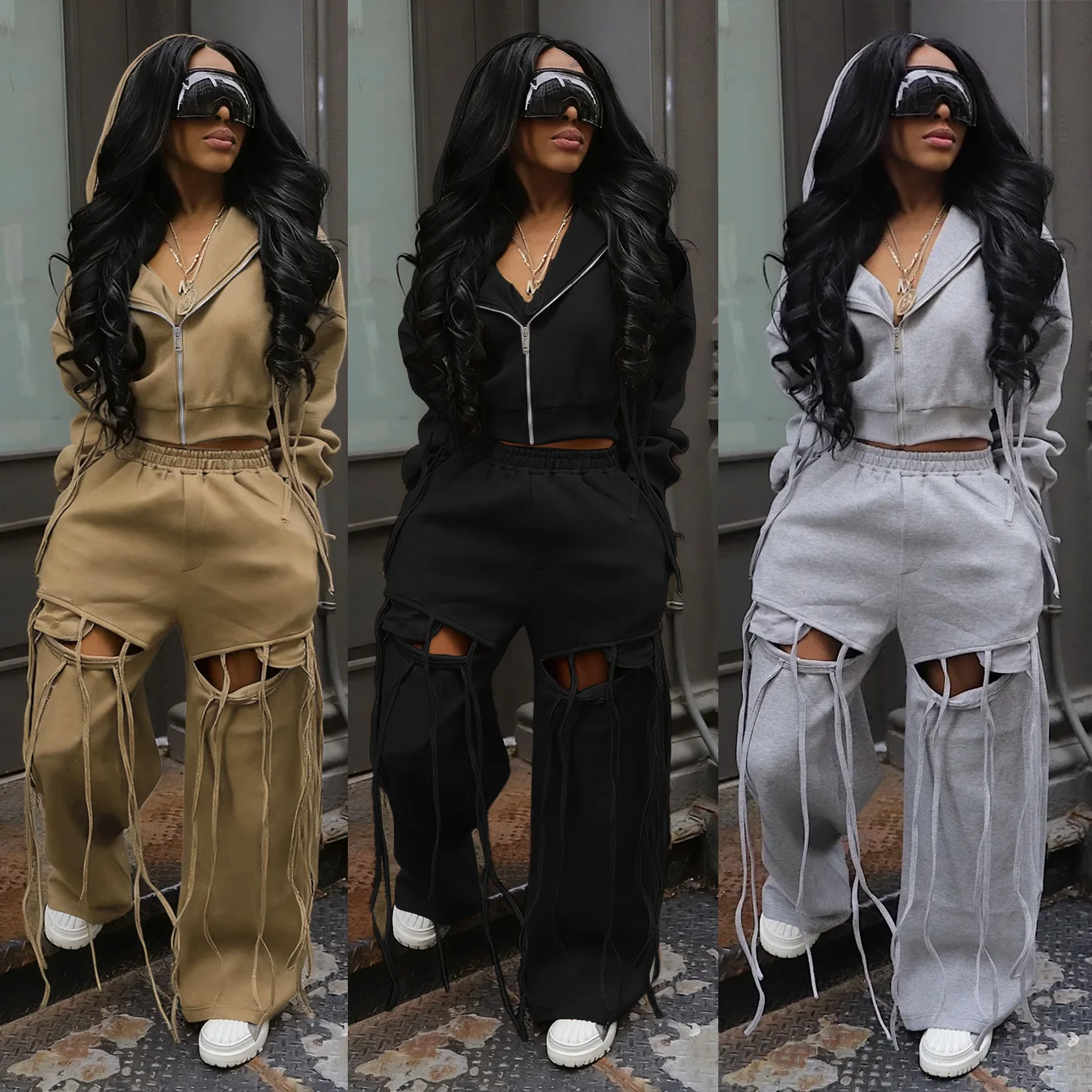 

Spring Casual Tracksuits Women Hollow Out Tassel Long Sleeve Zipper Hooded Sweatshirts Top and Holes Wide Leg Pants Streetwear