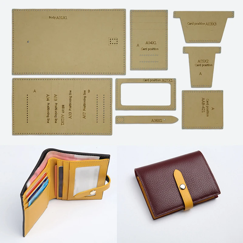 YOMDID 8PCS Handmade Leather Short Wallet with Multiple Card Slots Kraft Paper Template DIY Vertical Purse Making Template