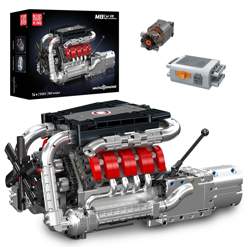 Mould King 10203 Der motorisierte V8-Automotor-Bausatz, technischer Auto-Motor-Baustein-Set, Weihnachtsgeschenk für Kinder