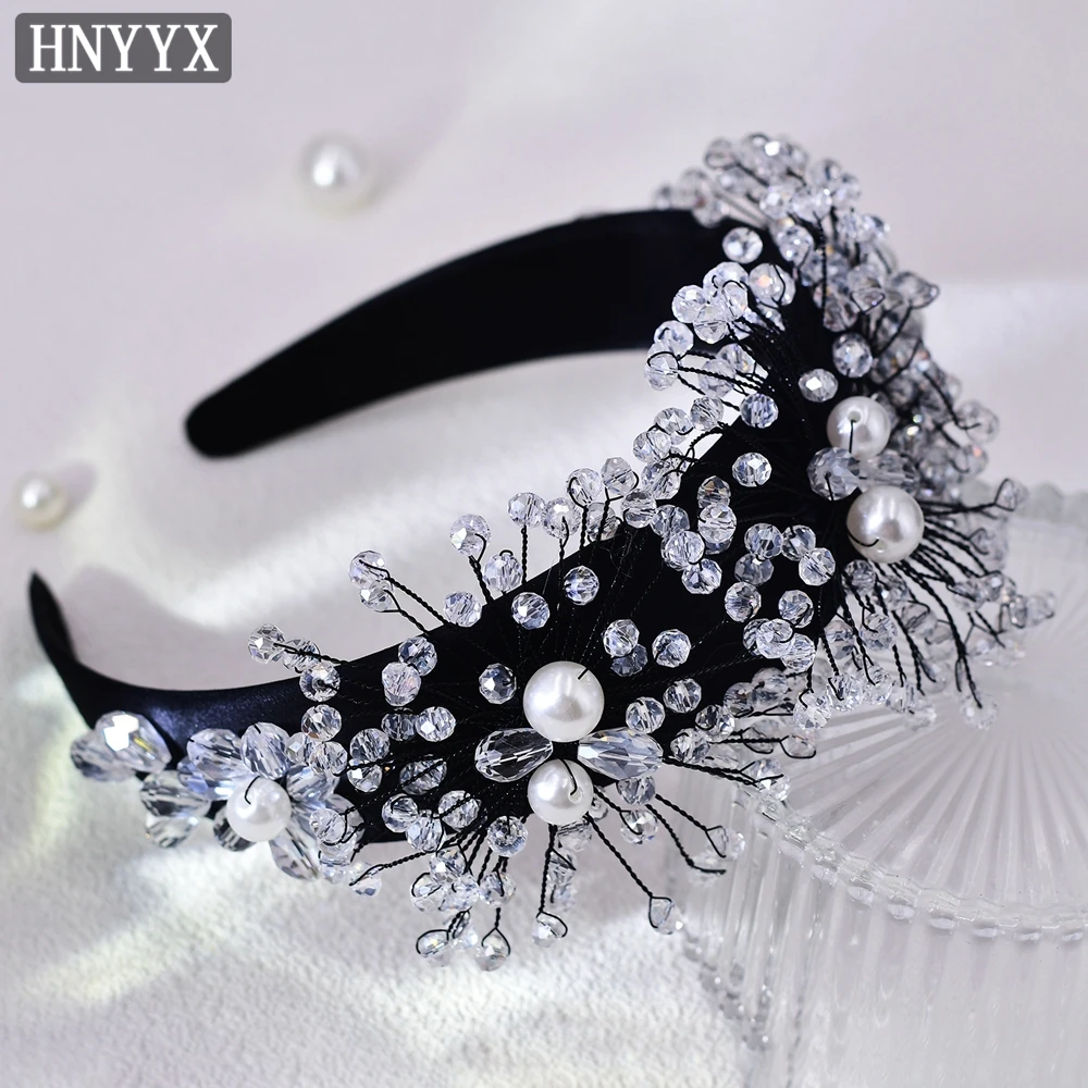 HNYYX Pearl Headband Crystal Beaded Flower Hair Accessories Wide Hair Hoop Fashion Shiny Headwear Elegant Hair Jewelry A98