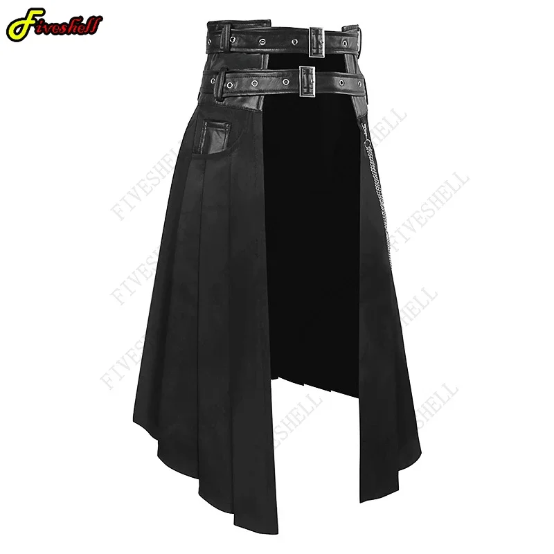 Adult  Men's Gothic Punk Pleated Skirt Open Front Leather Belt Medieval Roman Warrior Kilt Metal Chian Harujuku Stylish Clothing