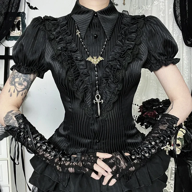 New Dark Gothic Black Ice Silk Striped Satin Slim Fit Sexy Short Sleeve Button Up Shirt Tie Detail Lapel Women Versatile Blouse