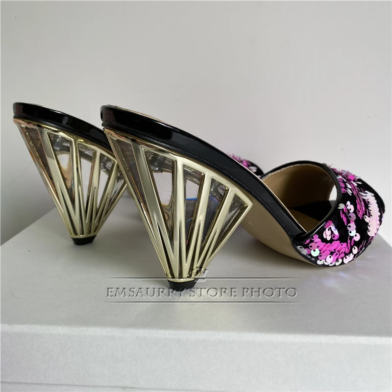 New 2024 Spring Bling Sequins Sandals Women Individual Metal Spike Heel Clear Crystal Transparent High Heel Mules Lady