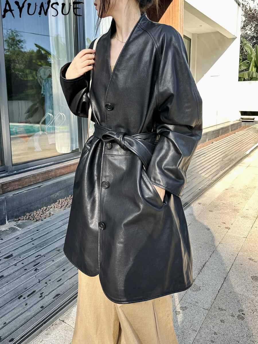 AYUNSUE Real Leather Jacket Women 2025 Genuine Sheepskin Mid-length Trench Coat Autumn Woman Clothes Semi Vegetable Tanning