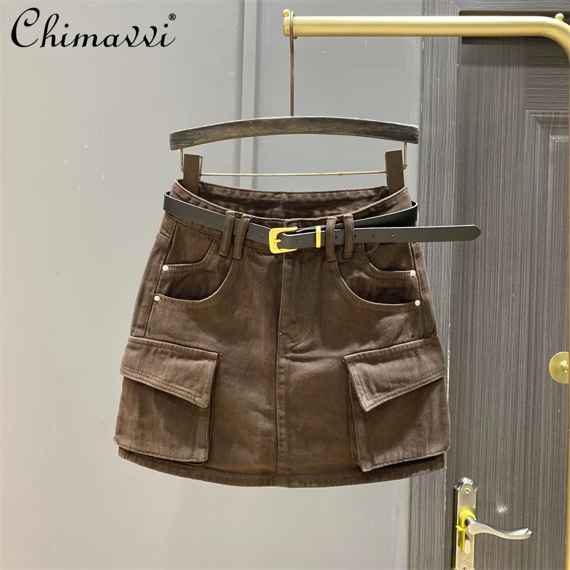 

Brown Cargo Pocket Skirt for Women 2024 Summer New Fashion High Waist Slimming A- Line Sheath Skirt Exposure-Proof Skirts