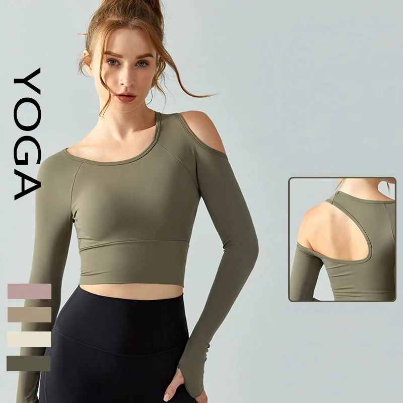 Yoga manica lunga con logo del marchio donna autunno/inverno top scavo spalla T-shirt senza schienale corsa pullover a coppa fissa con foro per il pollice