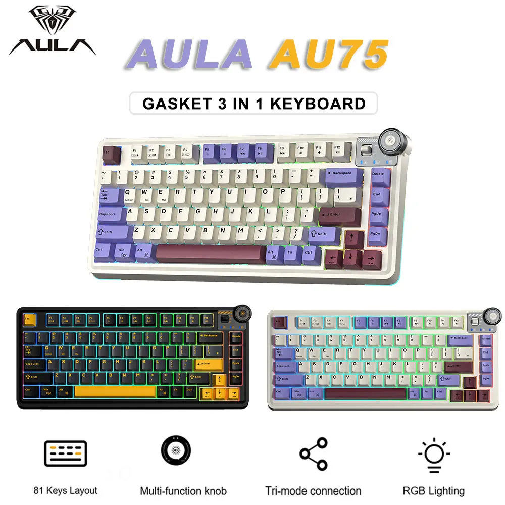 AULA AU75 Gaming Mechanical Keyboard Tri-model Hot Swappable for Desktop Office Typing Keyboard 81 Keys RGB E-sports Keyboard