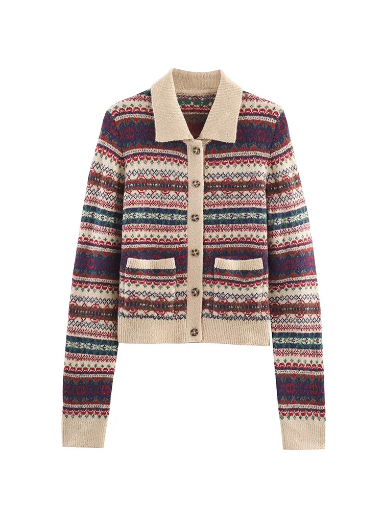 HH Cardigan eleganti da donna autunno Cardigan con colletto rovesciato Donna Chic monopetto stampato Tasche a maniche lunghe Top lavorato a maglia