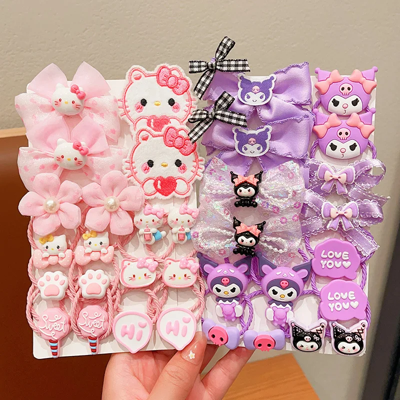 16Pcs Sanrio Hello Kitty Girl Elasticity Rubber Band Cartoon Kuromi Melody Hairpin Kawaii Cinnamoroll Headrope Kid Birthday Gift