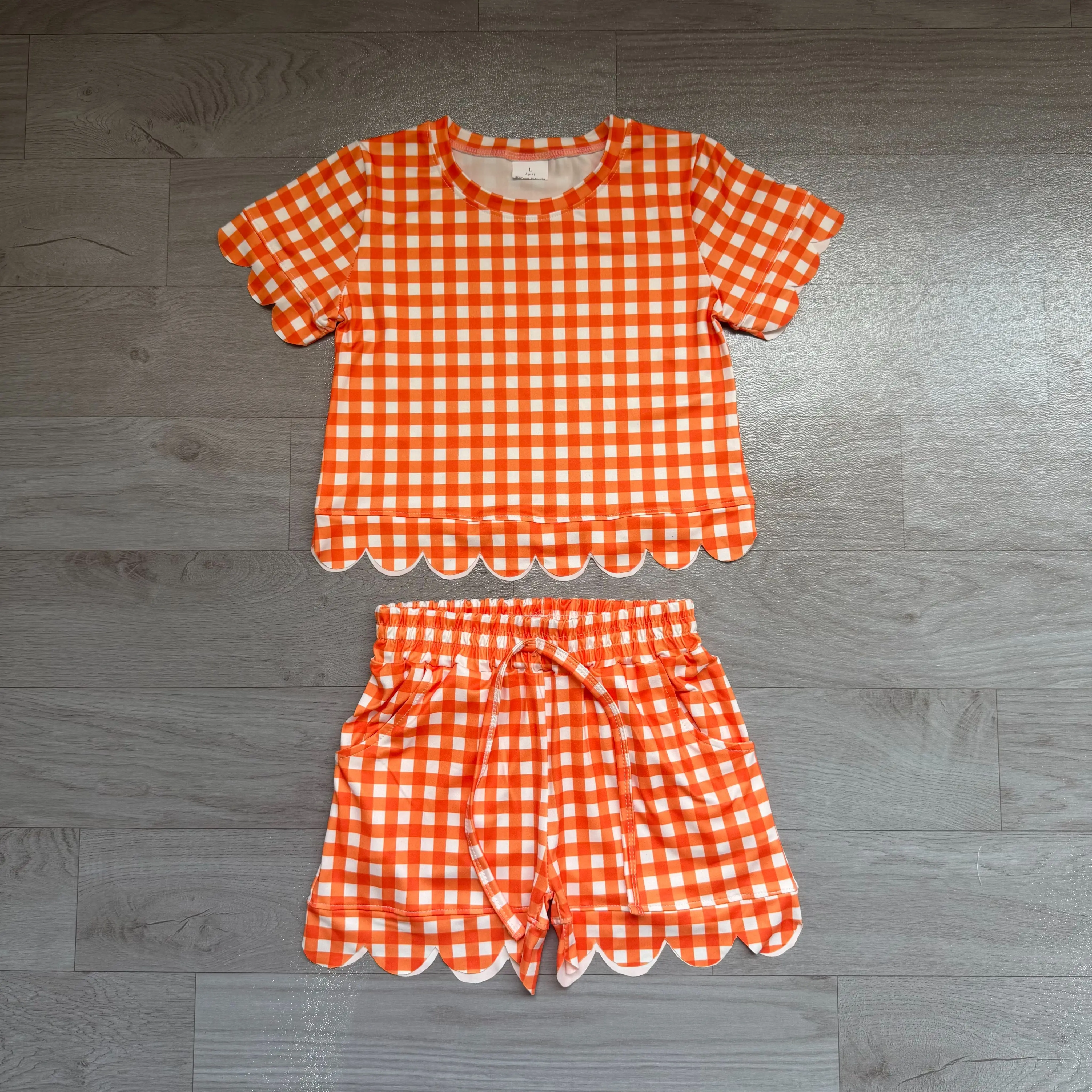 Wholesale Baby Girl Short Sleeves Orange Plaid Shirt Kids Skirt Shorts Girls Summer Clothes Children Toddler Outfit Clothes