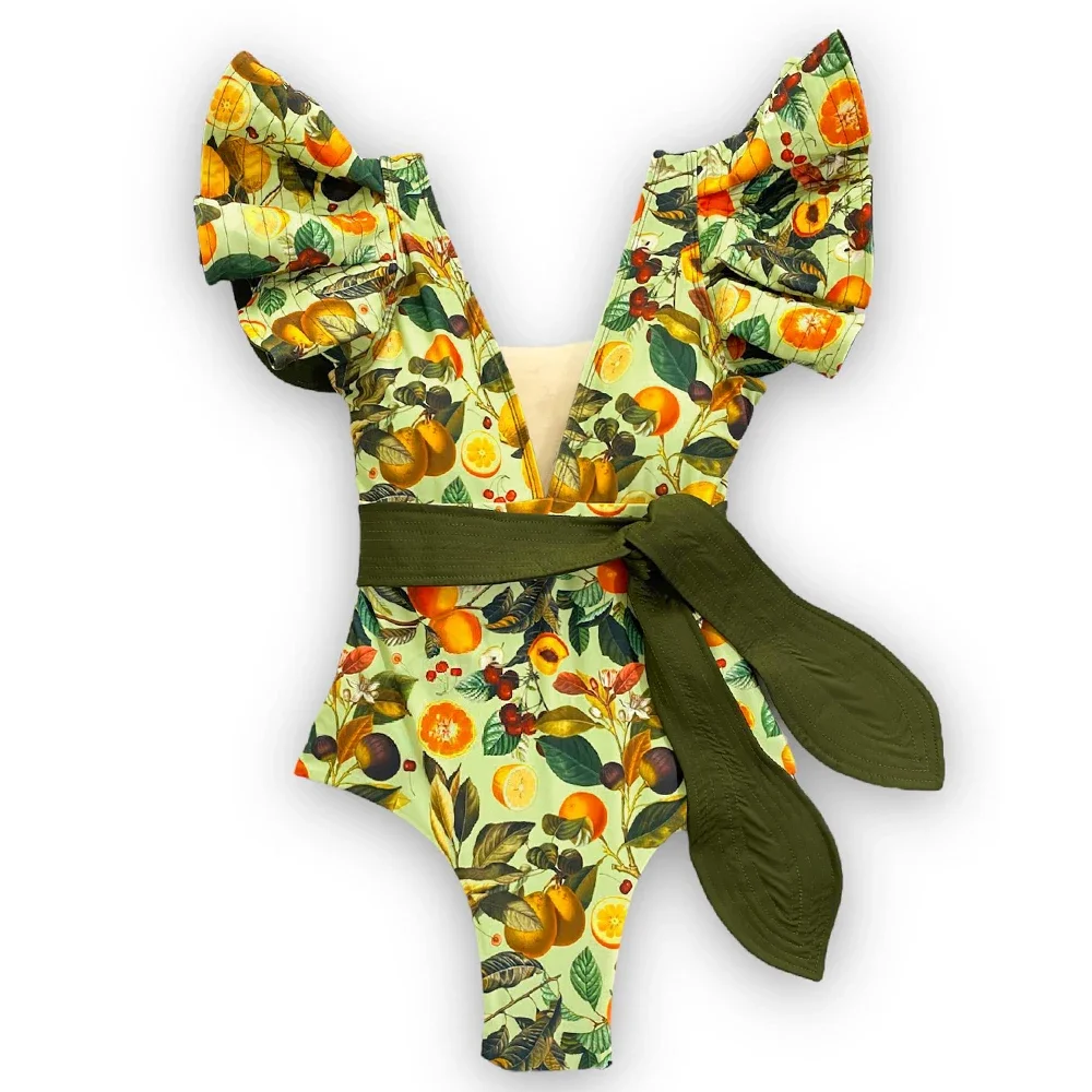 

2024 New Sexy Ruffle Print Floral One Piece Strappy Slimming Swimwear Women Swimsuit Deep-V Bathing Suit Beach Wear Monkini