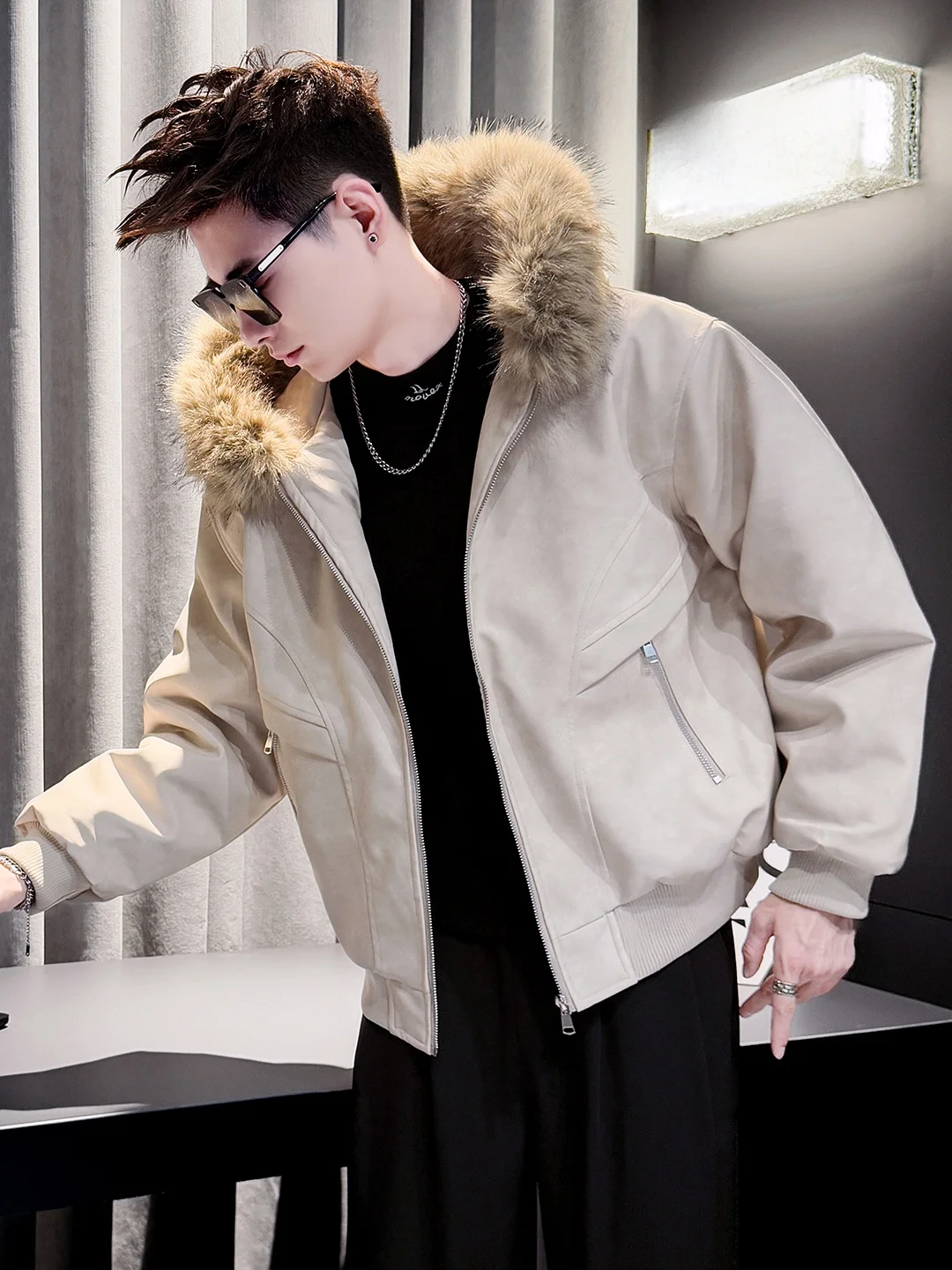 

Warm Hooded Cotton Jaet Men's Winter Faion Brand Casual Cotton Coat with Fur Collar Youth ular Long Sve Loose Fit