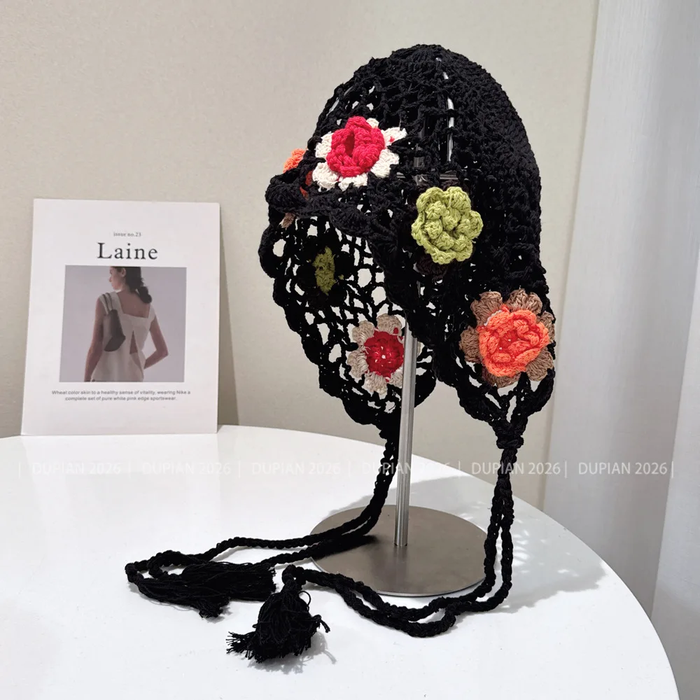 Japanese Style Crochet Tie Lolita Beanie for Women Summer Breathable Knitted Hat Color Block Flower Princess Knitted Cap