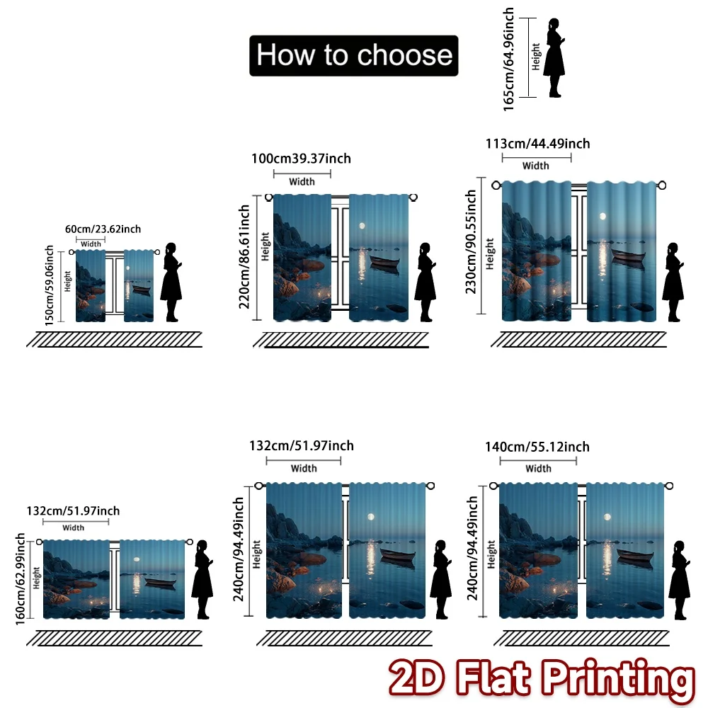 2D FLAT PRINTING 2pcs Curtains (Without Rod) Moonlit Ocean Scene Chic Curtains&Drapes Fabric Curtains Easter Egg Hunt Use for