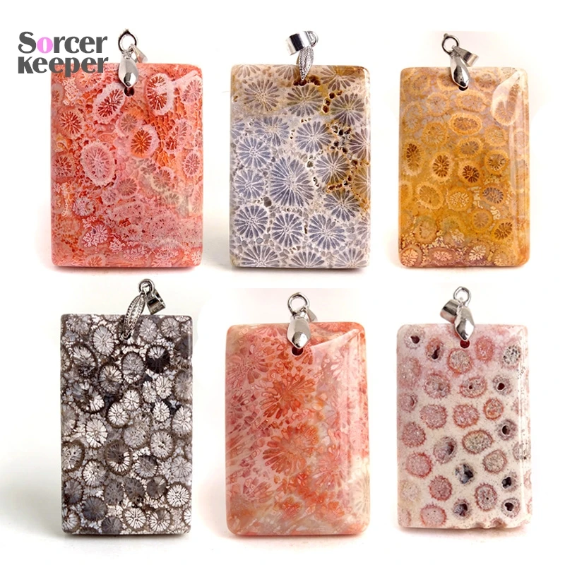 1PC Natural Chrysanthemum Gemstone Coral Pendants Rectangle Shape High Quality For Necklace Jewelry Making Accessories RS003
