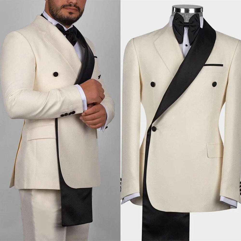 Patchwork Men's Suits 2 Pieces Beige Black Jacket Wedding Party Groom Tuxedos
