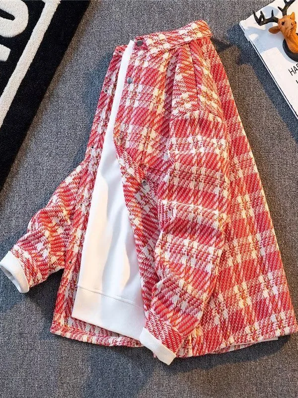 Retro Plaid Long Sleeve Woolen Shirt Jacket Men's Short Style Spring Autumn Trendy Loose Small Fragrance Wind Outerwear