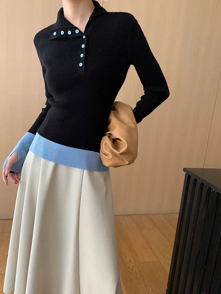 [EAM] Black Blue Color-block Button Knitting Sweater Lapel Long Sleeve Women Pullovers New Fashion Spring Autumn 2024 1DH8685