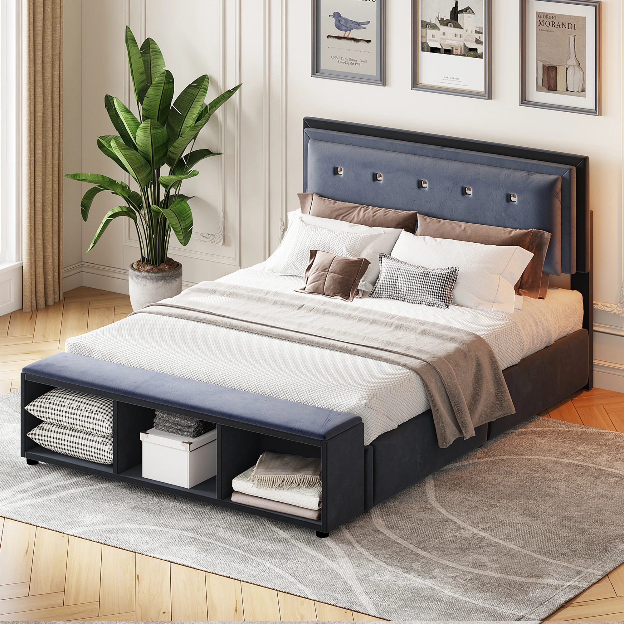 Upholstery bed 140x200 cm double bed 2-tone design height adjustable headboard with removable storage footrest, youth bed with slatted frame velvet fabric Grey