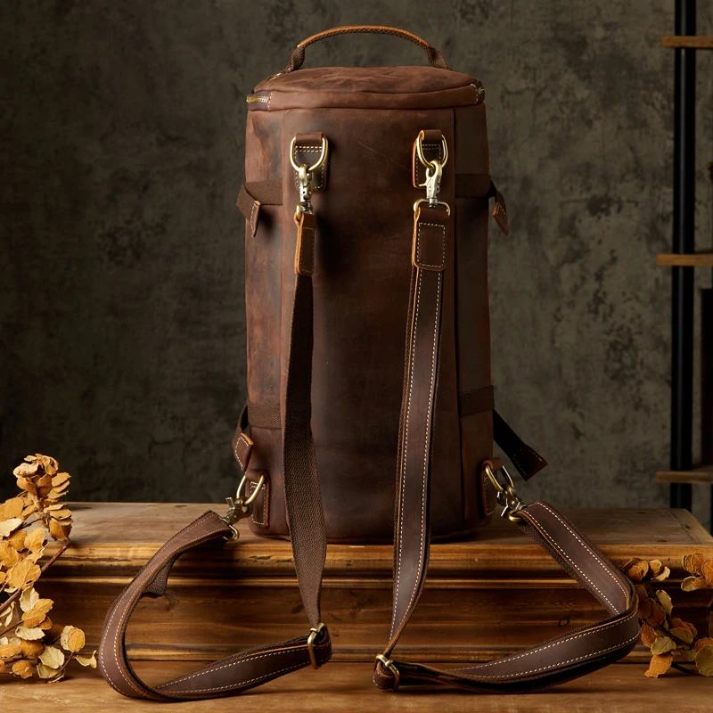 Genuine Cowhide Cylinder Backpack Retro Large Capacity Barrel Bag Men Crazy Horse Leather Casual Travel Hiking Shoulder Bag