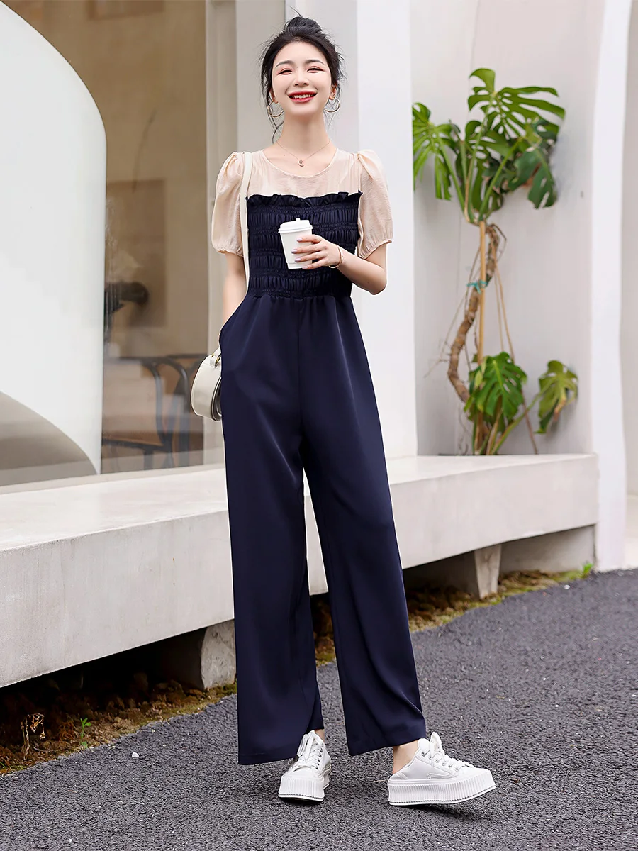 กางเกงเอวสูงแฟชั่นผู้หญิง สไตล์ลำลองสำหรับฤดูร้อน รุ่นใหม่ ช่วยให้ดูผอม ทรงขากว้าง จั๊มพ์สูทใส่สบาย เหมาะกับการเดินทาง ผ้าบางเบา...