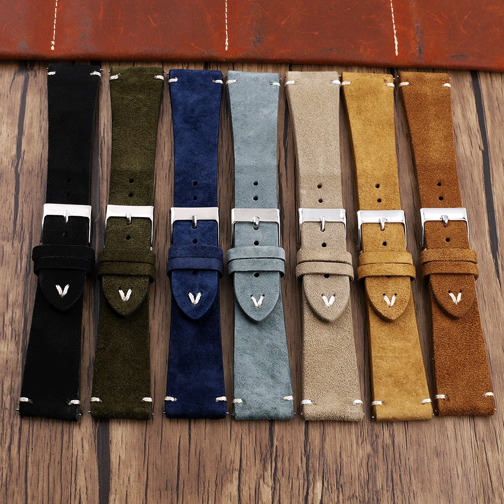 Suede Leather Watch Band 16mm 18mm 19mm 20mm 21mm 22mm 24mm Handmade Stitching Watchband Universal Strap Quick Release Bracelet