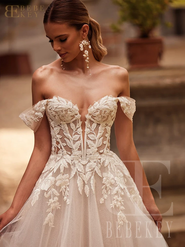 BEBEKEY Tule Uit de Schouder Trouwjurk Applicaties A-lijn Bruid Jurk Aangepaste Formele Party Gown Robe vestidos de novia