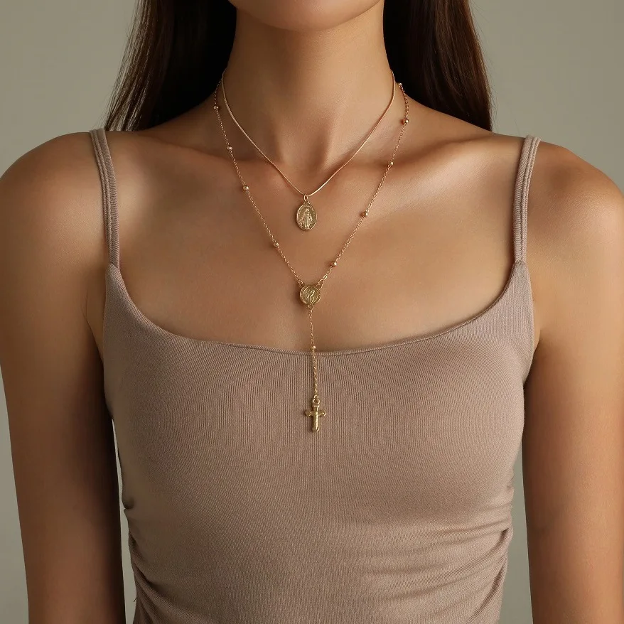 Cross Pendant Necklace, Women's Fashion Metal Layered Clavicle Chain, Elegant Daily Accessory