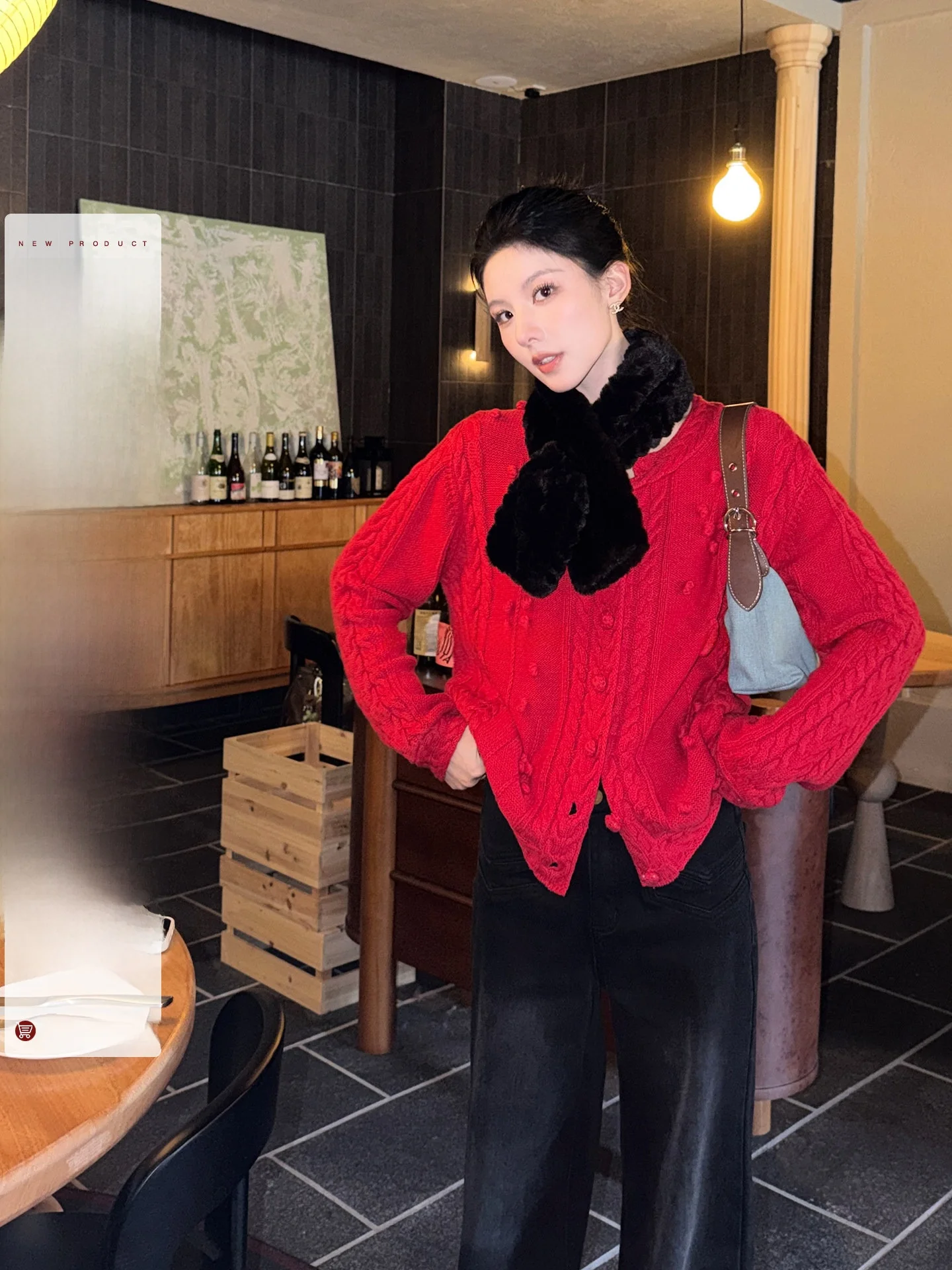 

Red Berry Sweet New Year's Knitted Sweater Coat Single Button round Ne Open Cardigan Soft Cotton Long Sve Women's Top