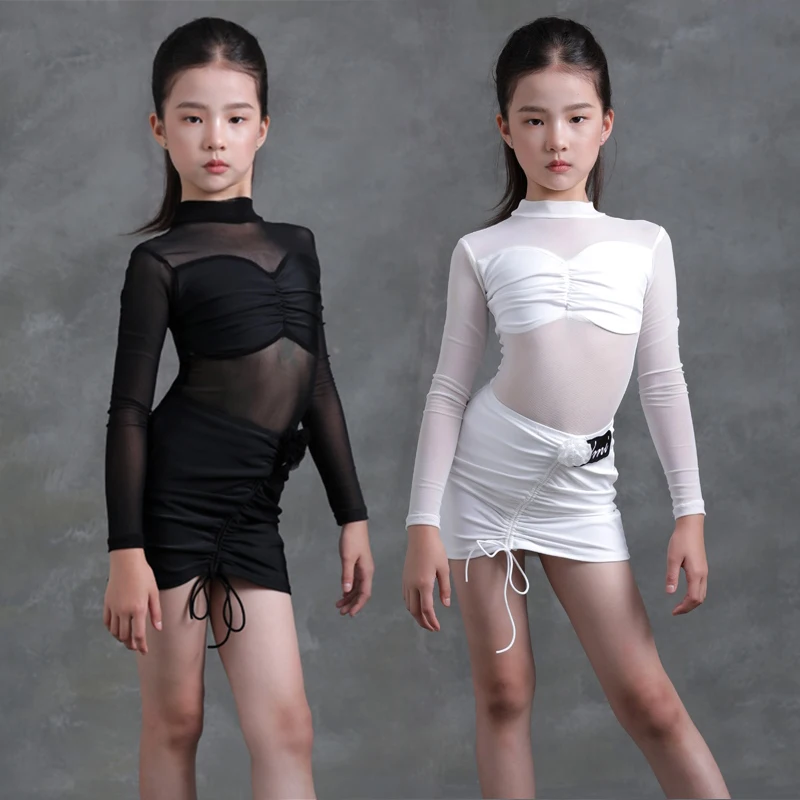 

Girls Latin Dance Dress Long Sleeve Latin Performance Clothing Dancer Training Wear Rumba Dancing Costume White Black Pink 2128