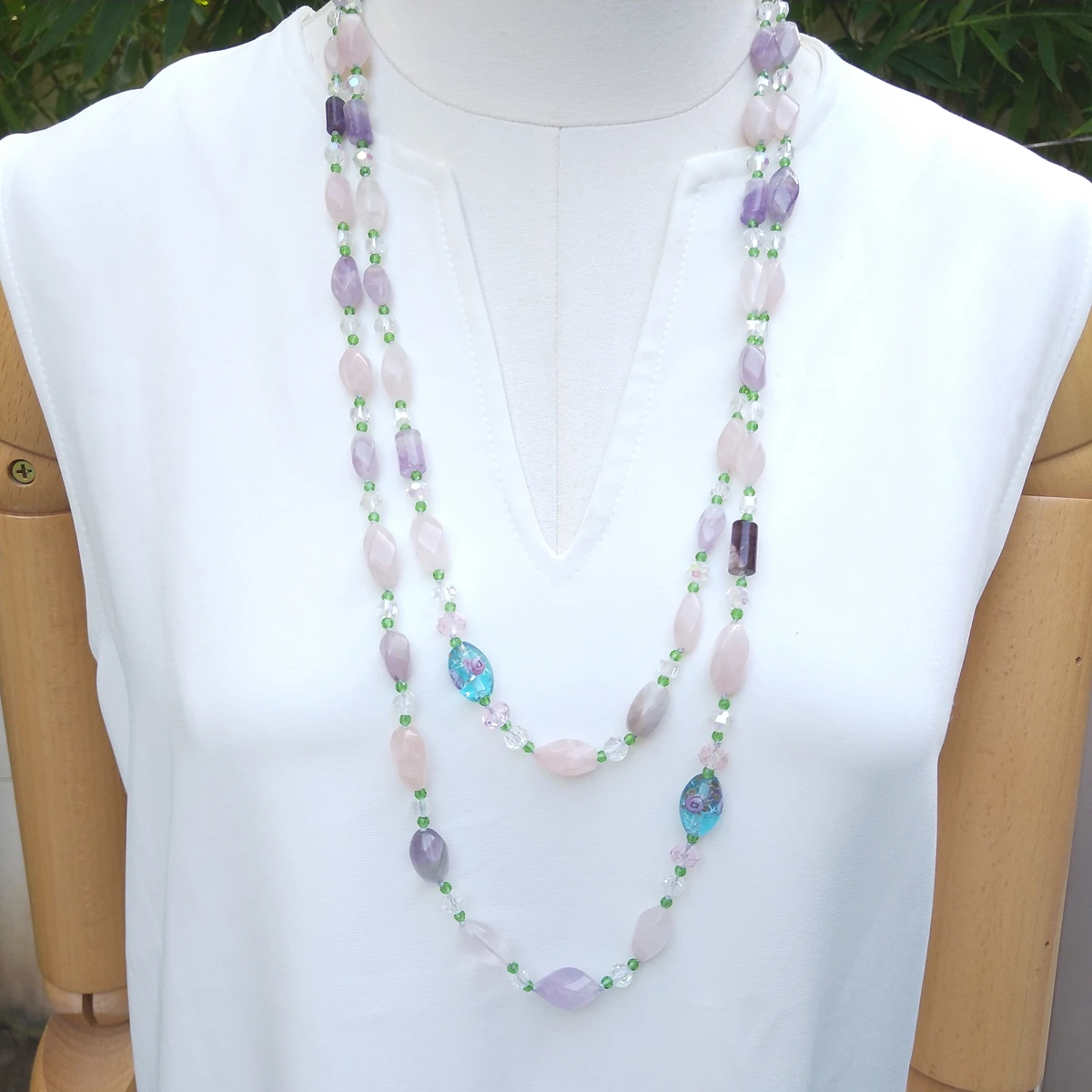 Lii Ji Real Mixed Stone Rose Quartz Amethyst Glaze Crystal Necklace 150cm Stock Sale Women Jewelry Gift
