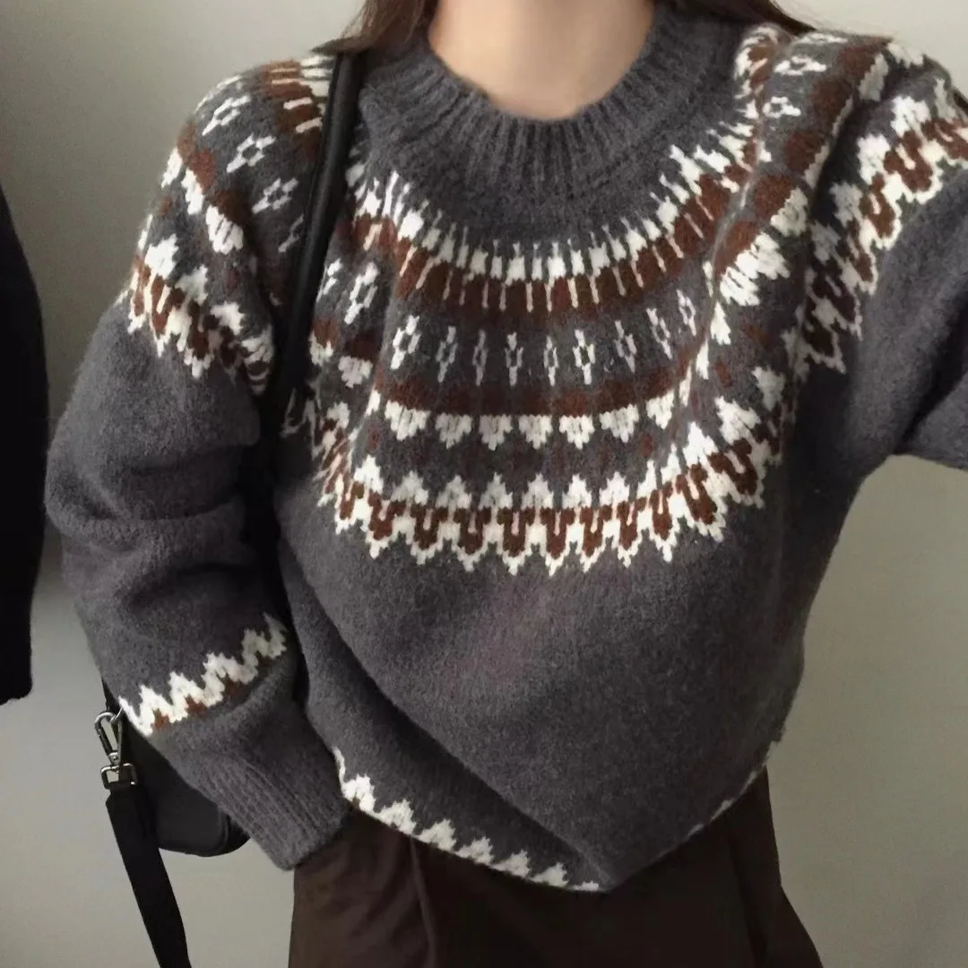 Женский свитер, джемперы с круглым вырезом, пуловеры с принтом, вязаные свитера с длинными рукавами, свободный крой, легкая эластичная повседневная основа, осень 2023 г.