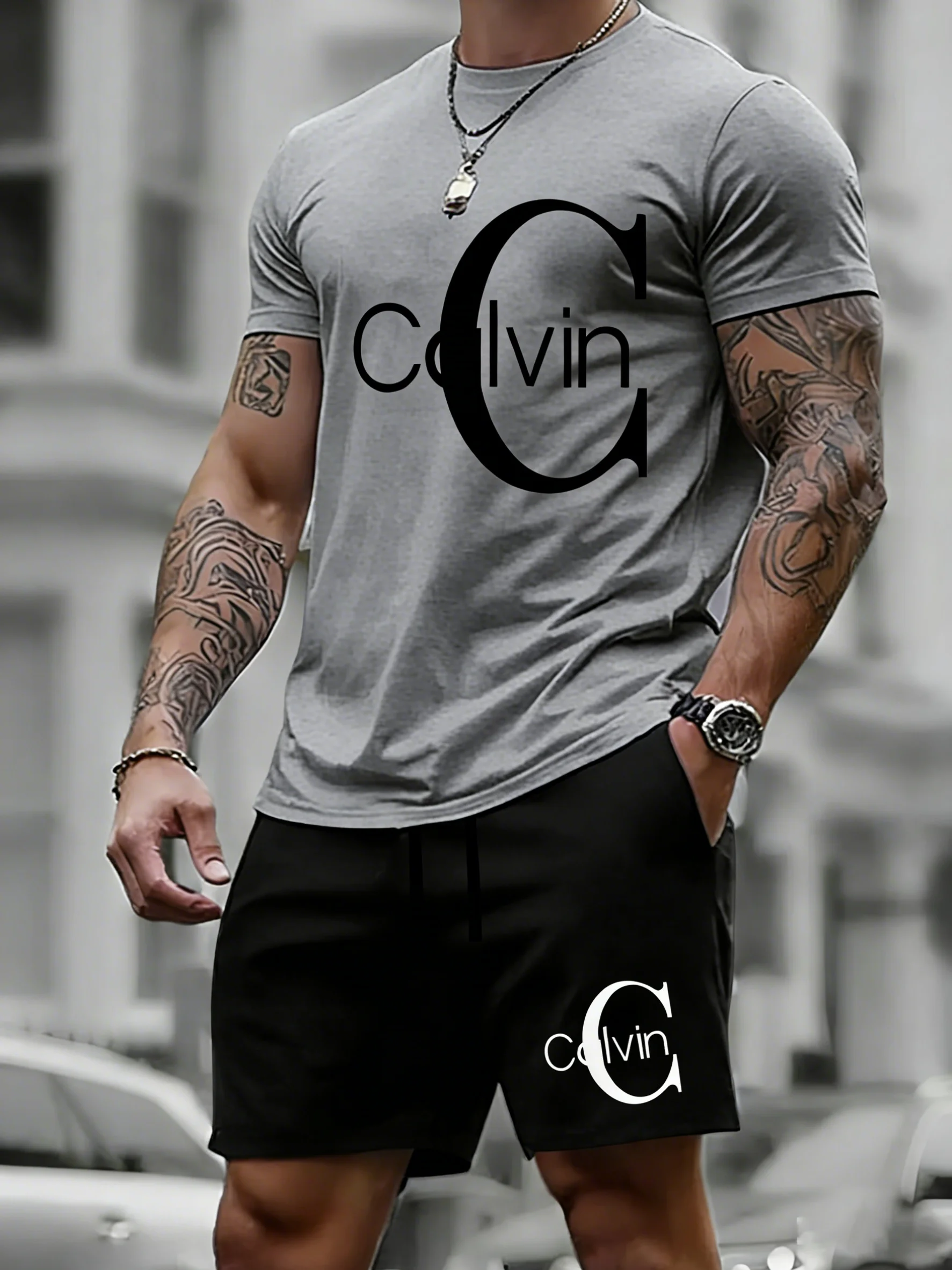 

Men's summer t-shirt set with prints, men's fashionable casual short-sleeved trendy casual sportswear versatile set Quick-drying