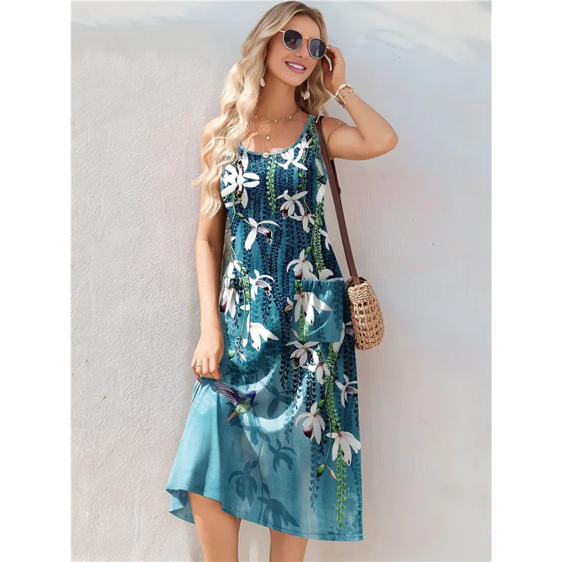 CGS-여성 여름 민소매 플로럴 비치 크루넥 하이웨이스트 A라인 미디 탱크 드레스 포켓 포함