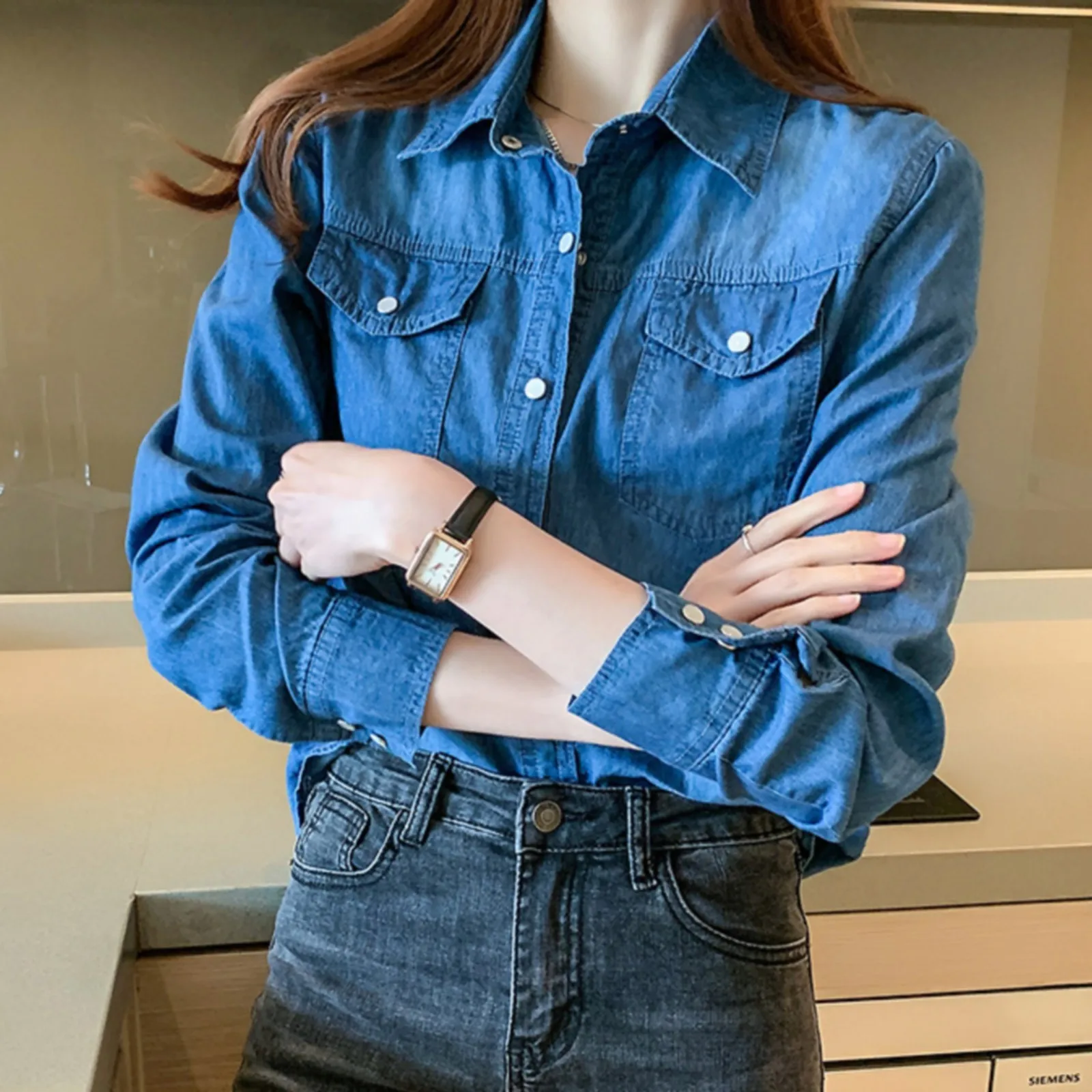 Fashion Classic Slim Fit Women\'s Denim Shirts Chic Korean Style Turn Down Neck Button Down Deep Blue Jeans Blouses All-match