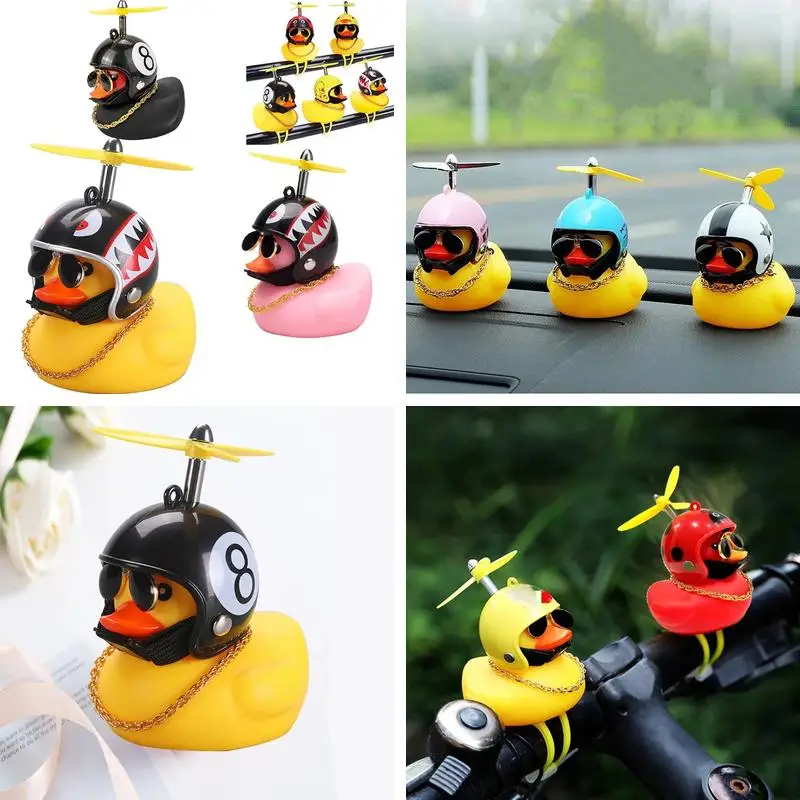 Motorcycle Bicycle Car Rubber Duck Ornament With Helmet Propeller Wind Breaking Duck Pendant Riding Decor Gift